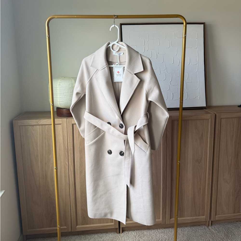 Womens Beige Double-Breasted Belted Coat - NWT